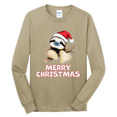 Cute Sloth Merry Christmas Santa Hat Holiday Design Tall Long Sleeve T-Shirt