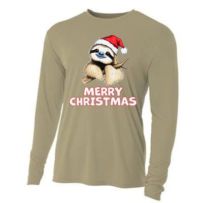 Cute Sloth Merry Christmas Santa Hat Holiday Design Cooling Performance Long Sleeve Crew