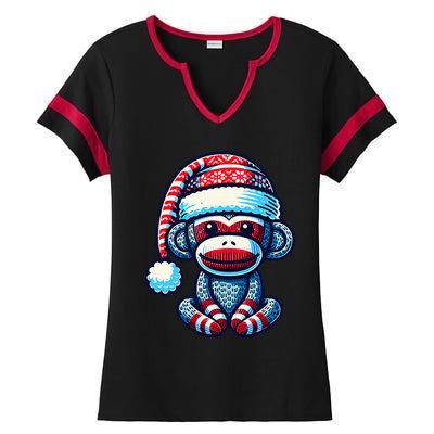 Cute Sock Monkey Wearing A Santa Hat Sock Monkey Christmas Ladies Halftime Notch Neck Tee