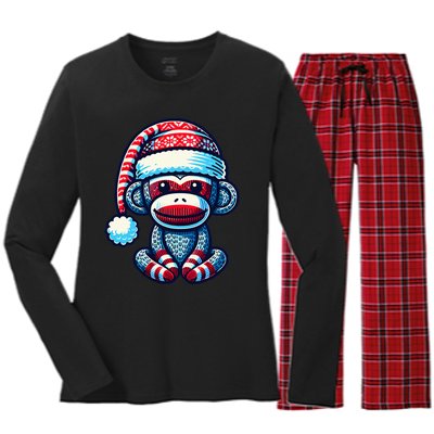 Cute Sock Monkey Wearing A Santa Hat Sock Monkey Christmas Women's Long Sleeve Flannel Pajama Set 