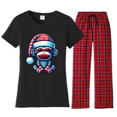 Cute Sock Monkey Wearing A Santa Hat Sock Monkey Christmas Women's Flannel Pajama Set