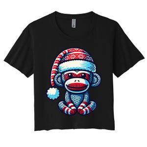 Cute Sock Monkey Wearing A Santa Hat Sock Monkey Christmas Women's Crop Top Tee