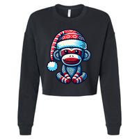 Cute Sock Monkey Wearing A Santa Hat Sock Monkey Christmas Cropped Pullover Crew