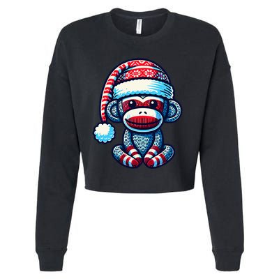 Cute Sock Monkey Wearing A Santa Hat Sock Monkey Christmas Cropped Pullover Crew