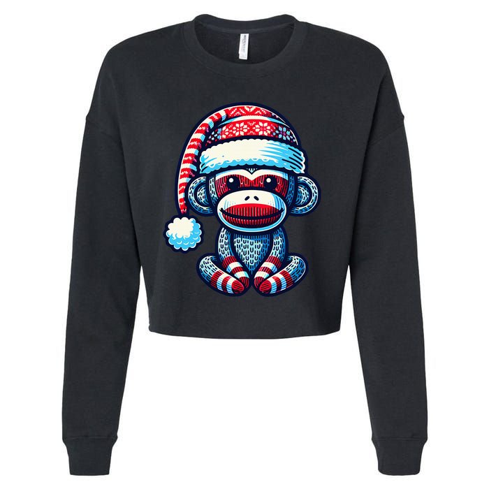 Cute Sock Monkey Wearing A Santa Hat Sock Monkey Christmas Cropped Pullover Crew