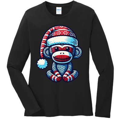 Cute Sock Monkey Wearing A Santa Hat Sock Monkey Christmas Ladies Long Sleeve Shirt