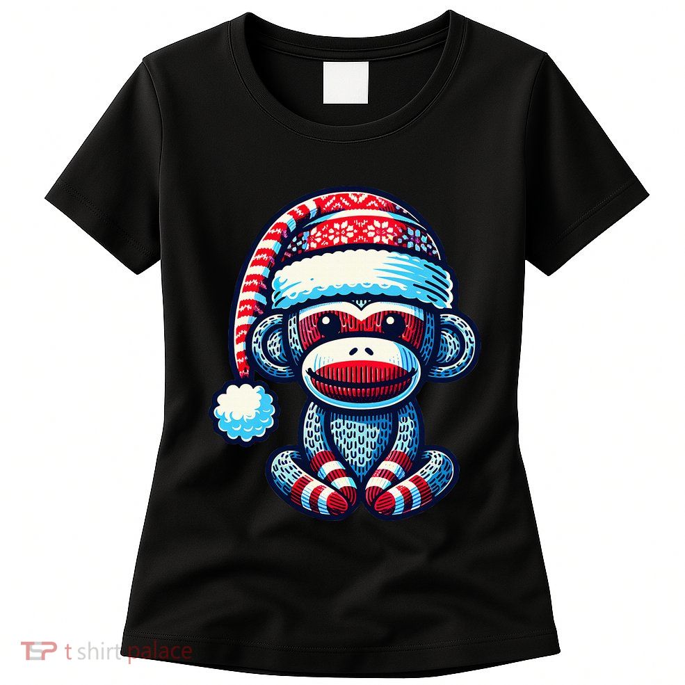 Cute Sock Monkey Wearing A Santa Hat Sock Monkey Christmas Womens T-Shirt