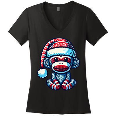 Cute Sock Monkey Wearing A Santa Hat Sock Monkey Christmas Women's V-Neck T-Shirt