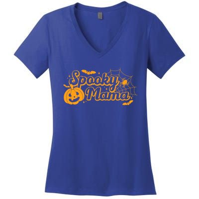 Cute Spooky Mama Pumpkin Retro Halloween Matching Family Mom Gift Women's V-Neck T-Shirt