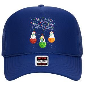 Cute Snowmans Merry Christmas Lights Ornaments Balls Pajama High Crown Mesh Back Trucker Hat