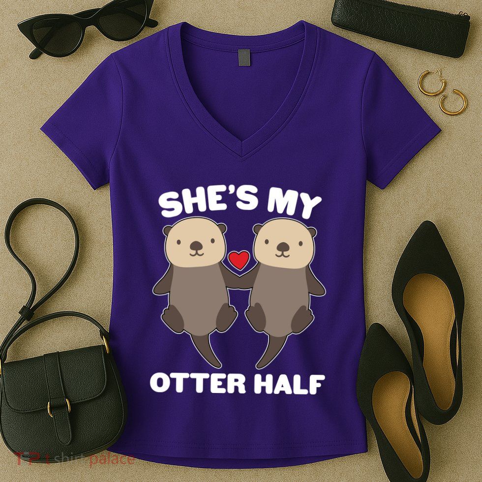 Cute She's My Otter Half Matching Couples Shirt Women's V-Neck T-Shirt