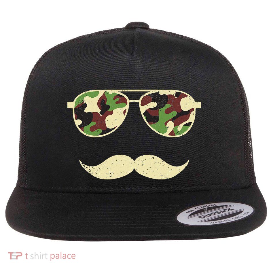 Camo Sunglasses Mustache Funny Retro Camo Veterans Day Flat Bill Trucker Hat