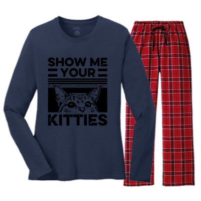 Cat Show Me Your Kitties Version 2 Funny Vintage Women's Long Sleeve Flannel Pajama Set 