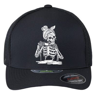 Caffeinated Skeleton Messy Bun Coffee Lover Skull Halloween Gift Flexfit Unipanel Trucker Cap