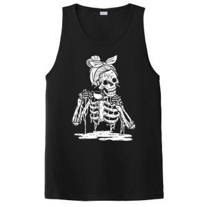 Caffeinated Skeleton Messy Bun Coffee Lover Skull Halloween Gift PosiCharge Competitor Tank