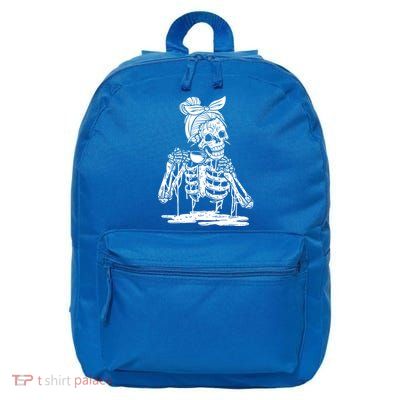Caffeinated Skeleton Messy Bun Coffee Lover Skull Halloween Gift 16 in Basic Backpack