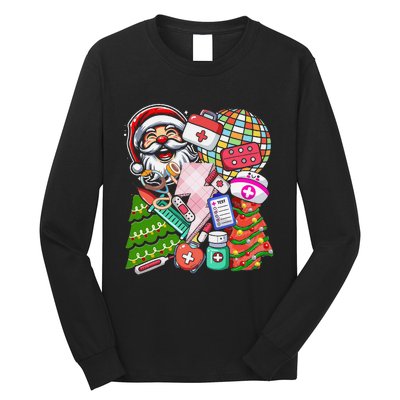 Christmas Santa Nurse Disco Ball Rn Cna Icu Med Surg Picu Long Sleeve Shirt