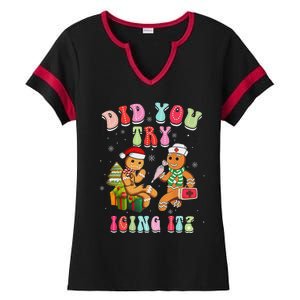 Christmas School Nurse Xmas Did You Try Icing It Gingerbread Ladies Halftime Notch Neck Tee