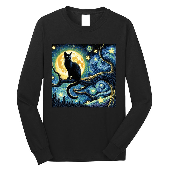 Cat Starry Night Cat Van Gogh Cat Art Funny Cat Long Sleeve Shirt