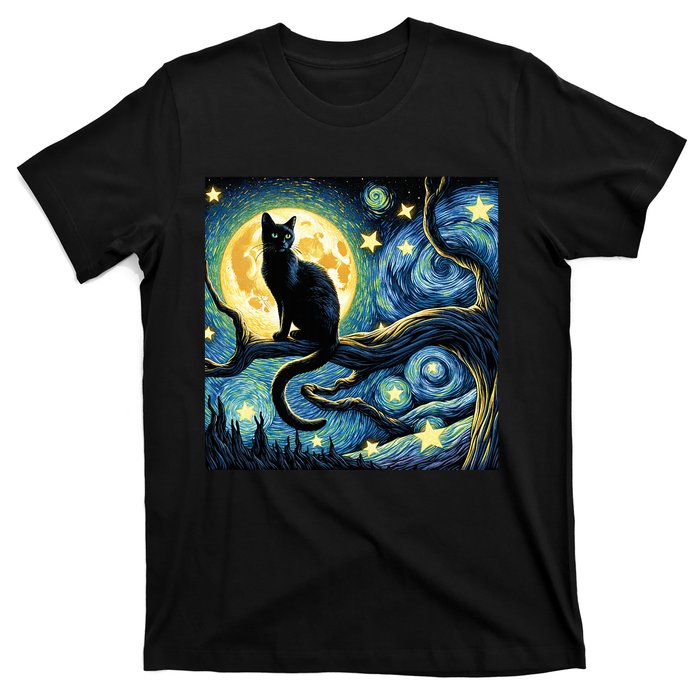 Cat Starry Night Cat Van Gogh Cat Art Funny Cat T-Shirt