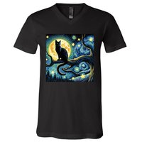 Cat Starry Night Cat Van Gogh Cat Art Funny Cat V-Neck T-Shirt