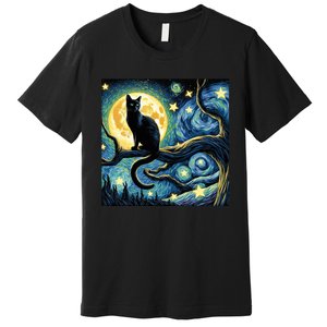 Cat Starry Night Cat Van Gogh Cat Art Funny Cat Premium T-Shirt