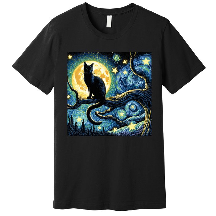 Cat Starry Night Cat Van Gogh Cat Art Funny Cat Premium T-Shirt