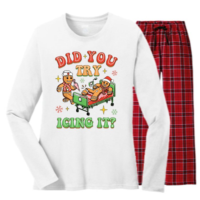 Christmas School Nurse Xmas Did You Try Icing It Gingerbread Women's Long Sleeve Flannel Pajama Set 