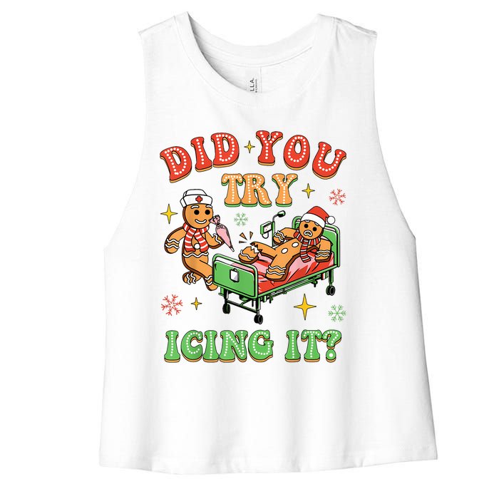 Christmas School Nurse Xmas Did You Try Icing It Gingerbread Women's Racerback Cropped Tank