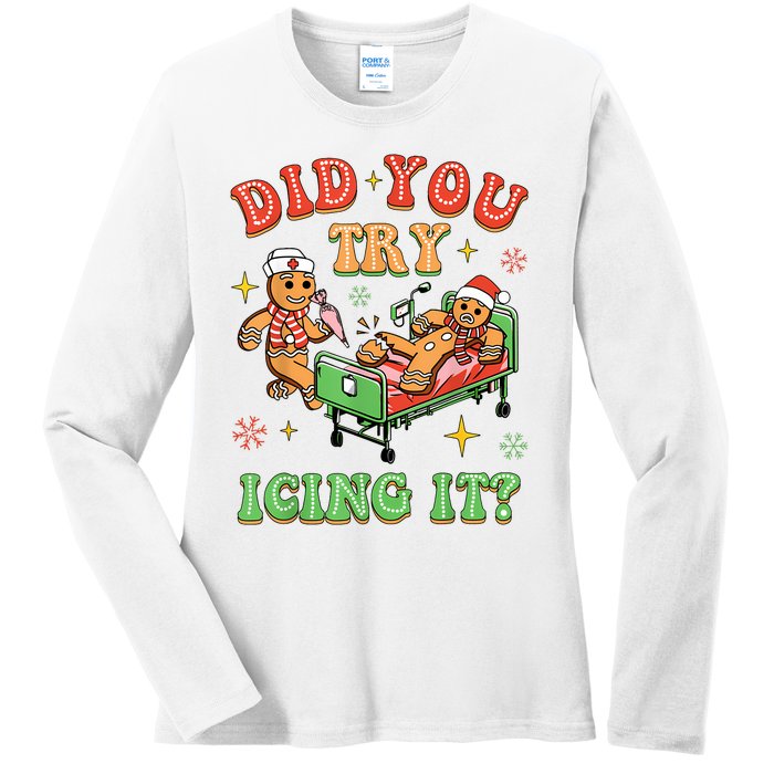 Christmas School Nurse Xmas Did You Try Icing It Gingerbread Ladies Long Sleeve Shirt