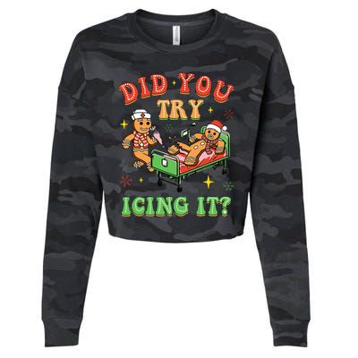 Christmas School Nurse Xmas Did You Try Icing It Gingerbread Cropped Pullover Crew