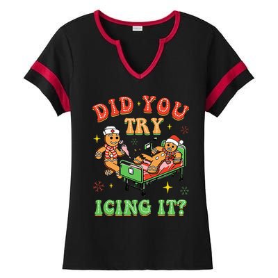 Christmas School Nurse Xmas Did You Try Icing It Gingerbread Ladies Halftime Notch Neck Tee