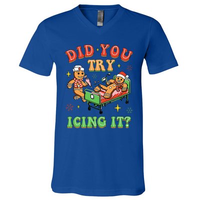 Christmas School Nurse Xmas Did You Try Icing It Gingerbread V-Neck T-Shirt