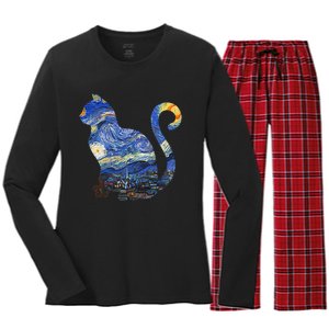 Cat Starry Night Cat Tee Van Gogh Cat Women's Long Sleeve Flannel Pajama Set 