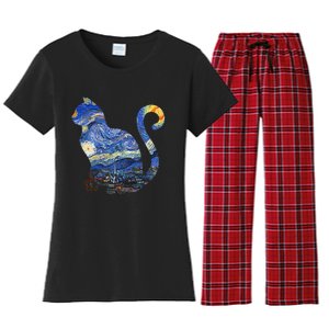 Cat Starry Night Cat Tee Van Gogh Cat Women's Flannel Pajama Set