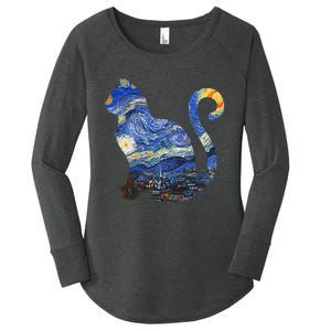 Cat Starry Night Cat Tee Van Gogh Cat Women's Perfect Tri Tunic Long Sleeve Shirt