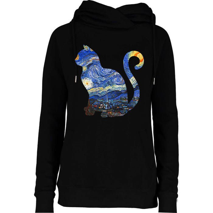 Cat Starry Night Cat Tee Van Gogh Cat Womens Funnel Neck Pullover Hood