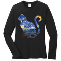 Cat Starry Night Cat Tee Van Gogh Cat Ladies Long Sleeve Shirt