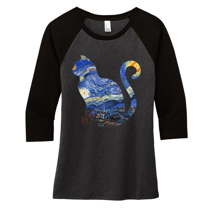 Cat Starry Night Cat Tee Van Gogh Cat Women's Tri-Blend 3/4-Sleeve Raglan Shirt