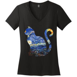 Cat Starry Night Cat Tee Van Gogh Cat Women's V-Neck T-Shirt