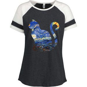 Cat Starry Night Cat Tee Van Gogh Cat Enza Ladies Jersey Colorblock Tee