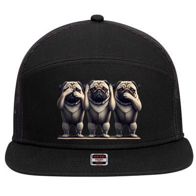 Cute See No Evil Hear No Evil Speak No Evil Three Pug 7 Panel Mesh Trucker Snapback Hat