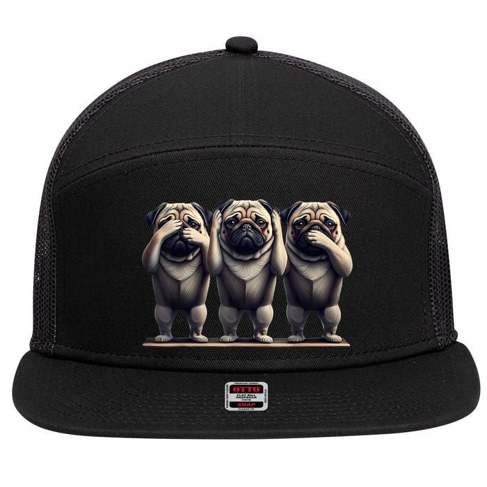 Cute See No Evil Hear No Evil Speak No Evil Three Pug 7 Panel Mesh Trucker Snapback Hat