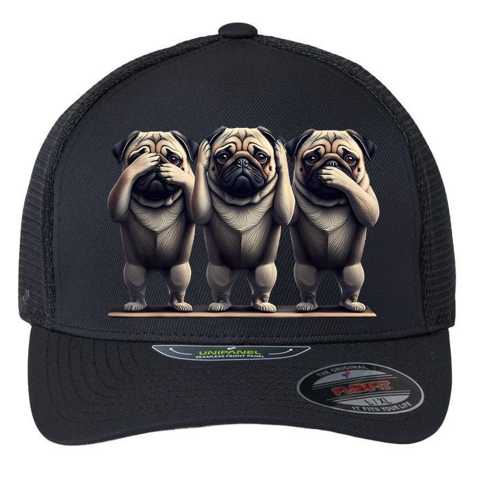 Cute See No Evil Hear No Evil Speak No Evil Three Pug Flexfit Unipanel Trucker Cap