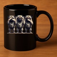 Cute See No Evil Hear No Evil Speak No Evil Three Pug 11oz C Handle Ceramic Mug