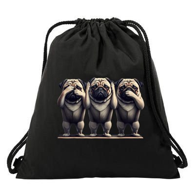 Cute See No Evil Hear No Evil Speak No Evil Three Pug Drawstring Bag