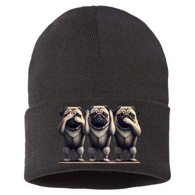 Cute See No Evil Hear No Evil Speak No Evil Three Pug Sustainable Knit Beanie