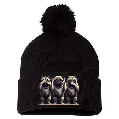 Cute See No Evil Hear No Evil Speak No Evil Three Pug Pom Pom 12in Knit Beanie