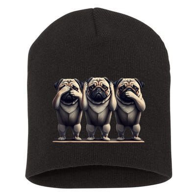 Cute See No Evil Hear No Evil Speak No Evil Three Pug Short Acrylic Beanie