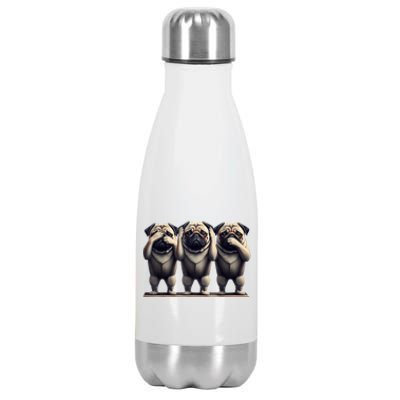 Cute See No Evil Hear No Evil Speak No Evil Three Pug Stainless Steel Insulated Water Bottle